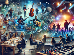 DALL·E 2023-11-13 04.50.00 - A bustling music business scene with various elements_ a diverse group of musicians holding different instruments (guitar, violin, drums), a music pro.png