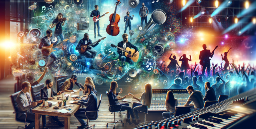 DALL·E 2023-11-13 04.50.00 - A bustling music business scene with various elements_ a diverse group of musicians holding different instruments (guitar, violin, drums), a music pro.png